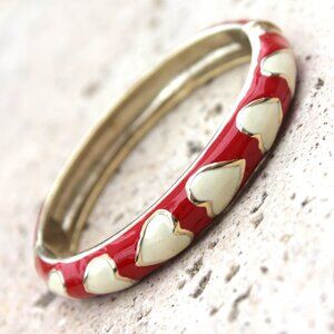 Red Enamel Heart Hinged Cuff Bracelet in Gold